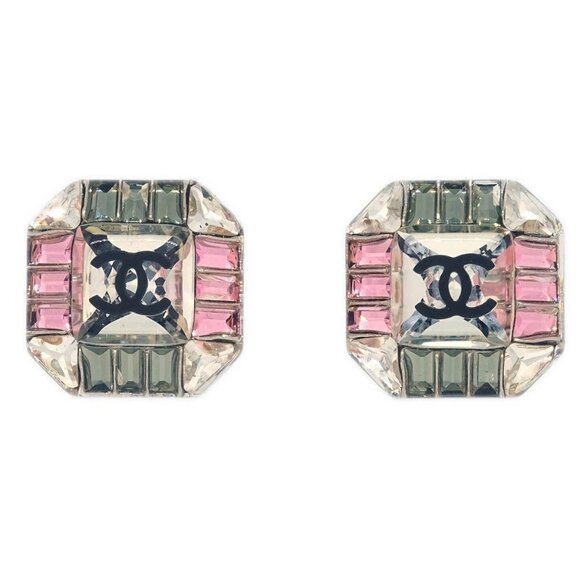 Chanel Octagon Piercing Earrings Silver Clear Rhinestone 15K - Picture 1 of 5